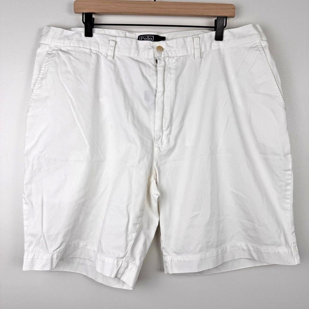 Polo Ralph Lauren Shorts Mens 40 White Flat Front Chino Pony Logo Print Relaxed - Picture 2 of 5
